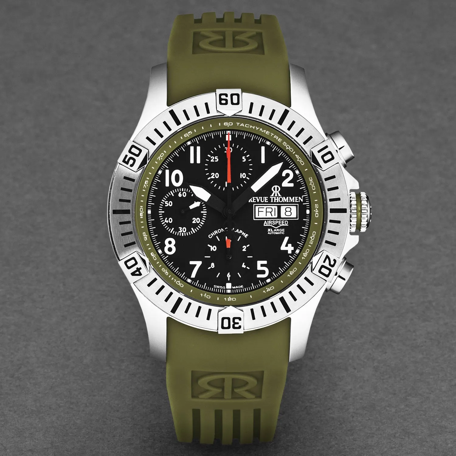 Revue Thommen Men's 'Air speed' Black Dial Green Rubber Strap Automatic Watch 16071.6734