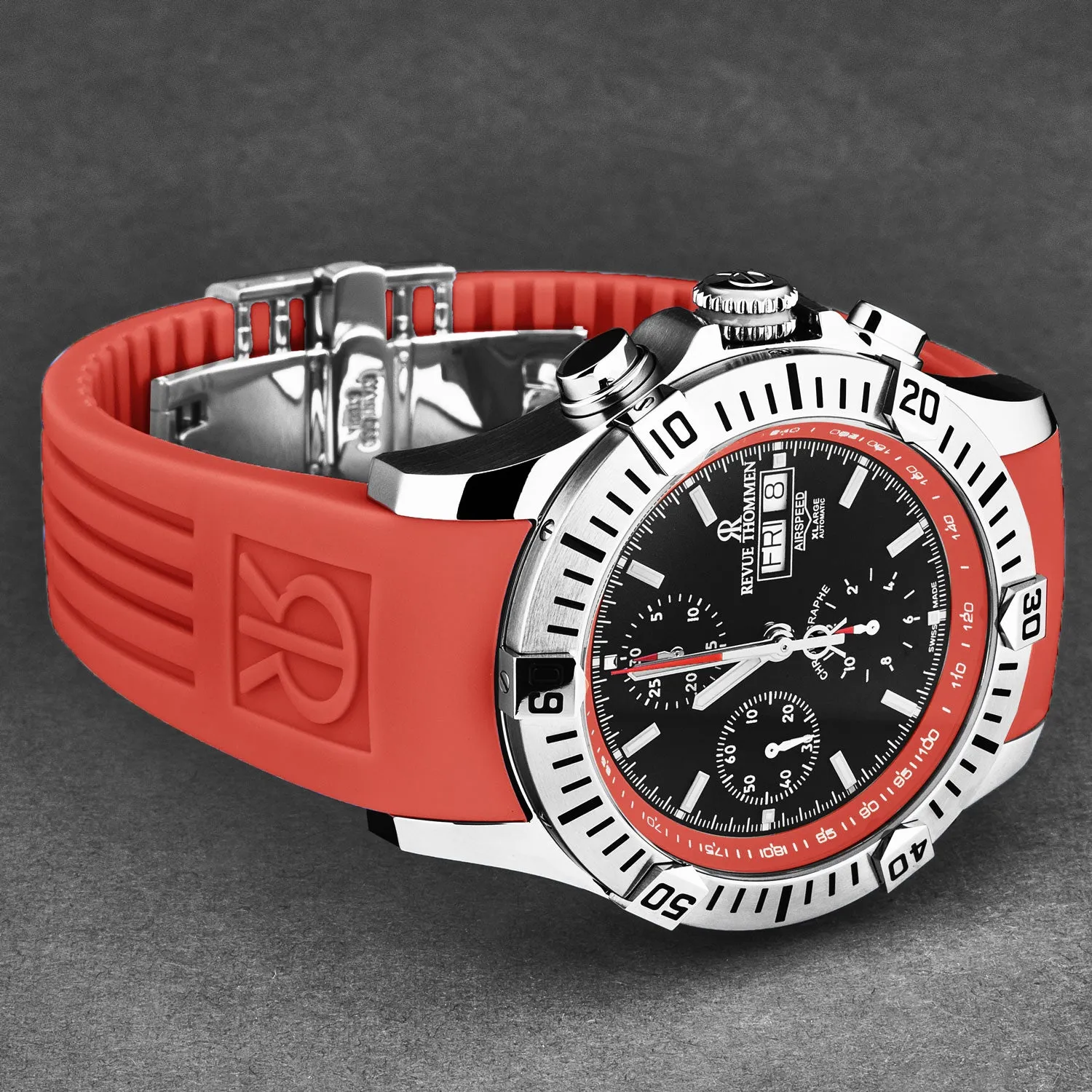 Revue Thommen Men's 'Air speed' Black Dial Red Rubber Strap Automatic Watch 16071.6636