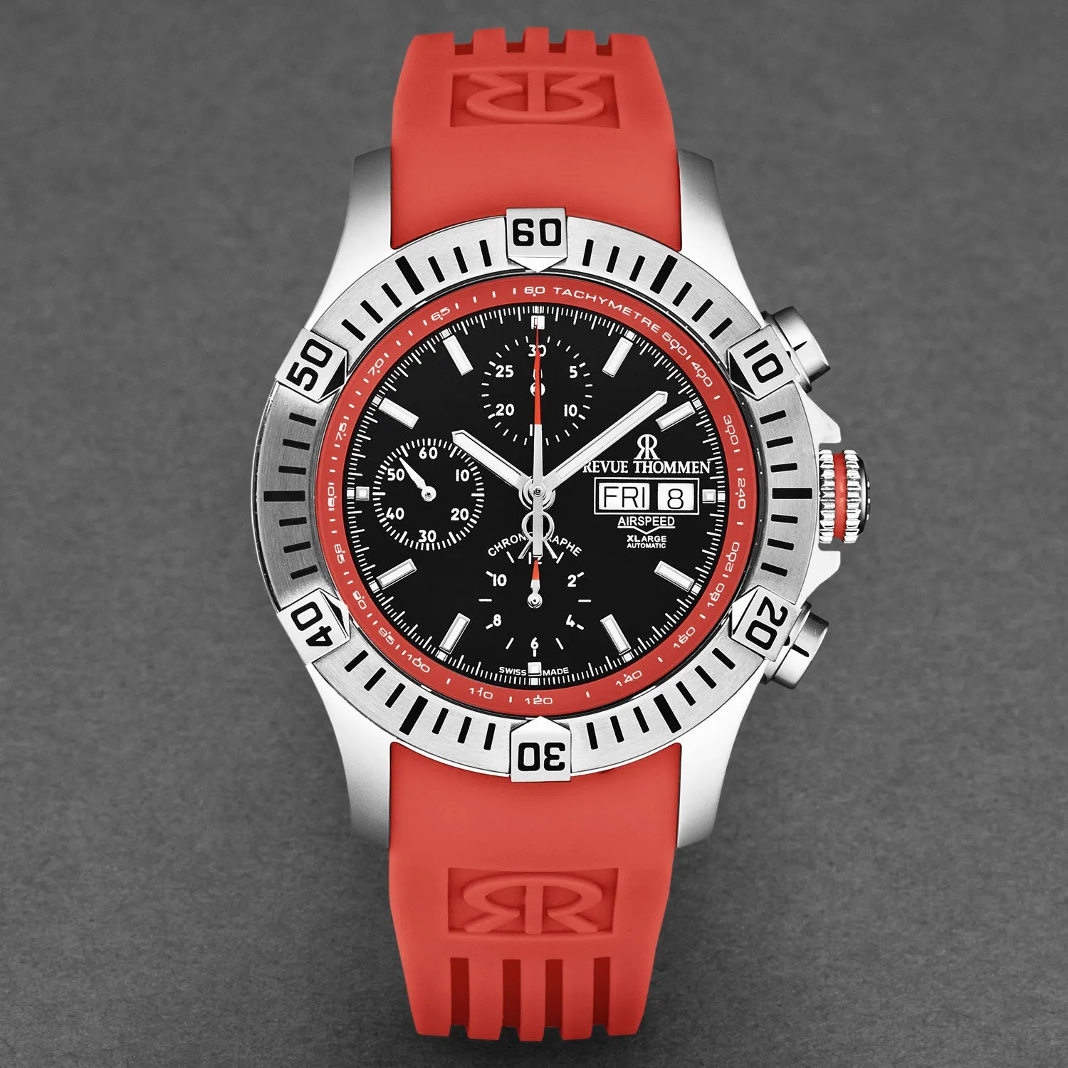 Revue Thommen Men's 'Air speed' Black Dial Red Rubber Strap Automatic Watch 16071.6636