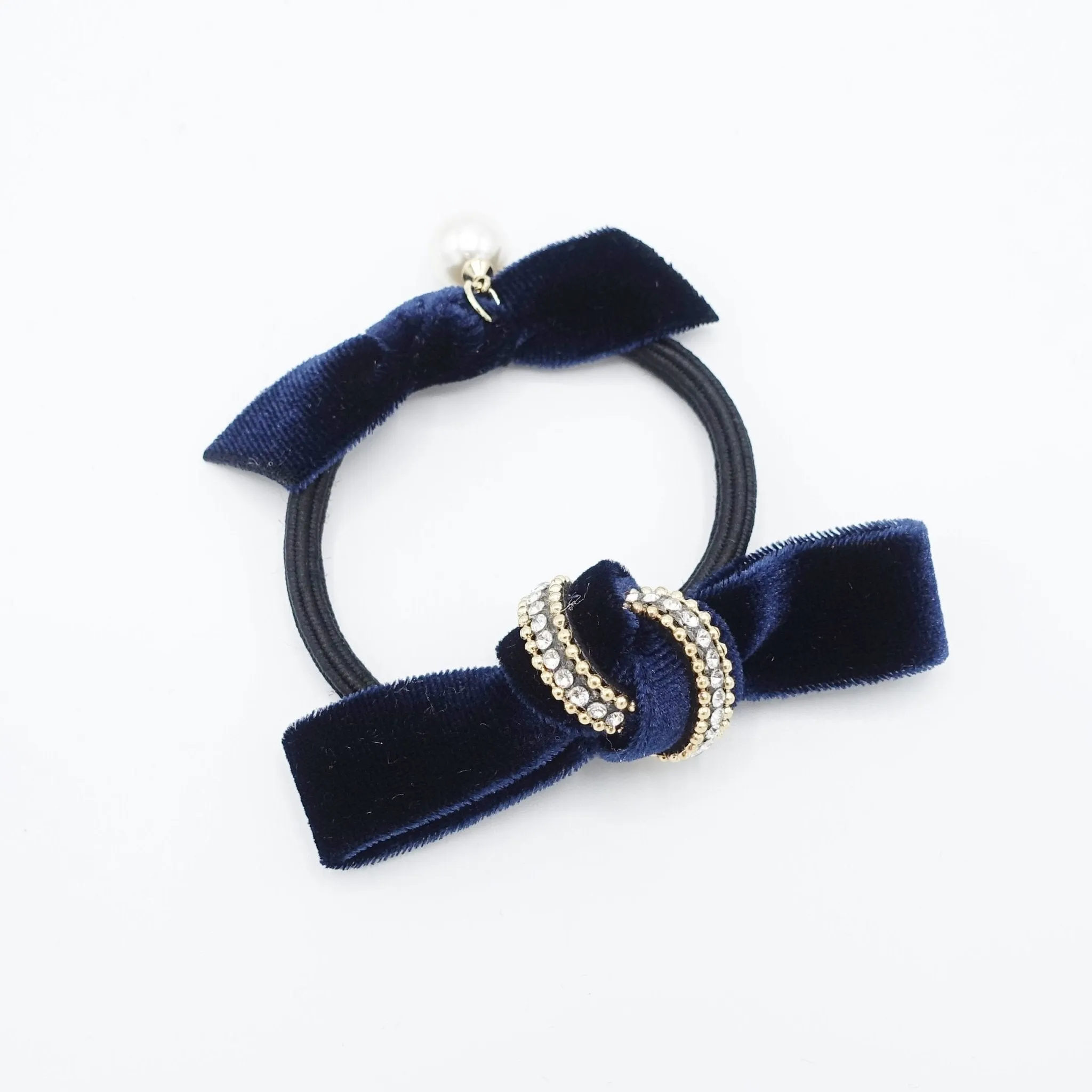 rhinestone velvet double bow knot hair elastic tie ponytail holder