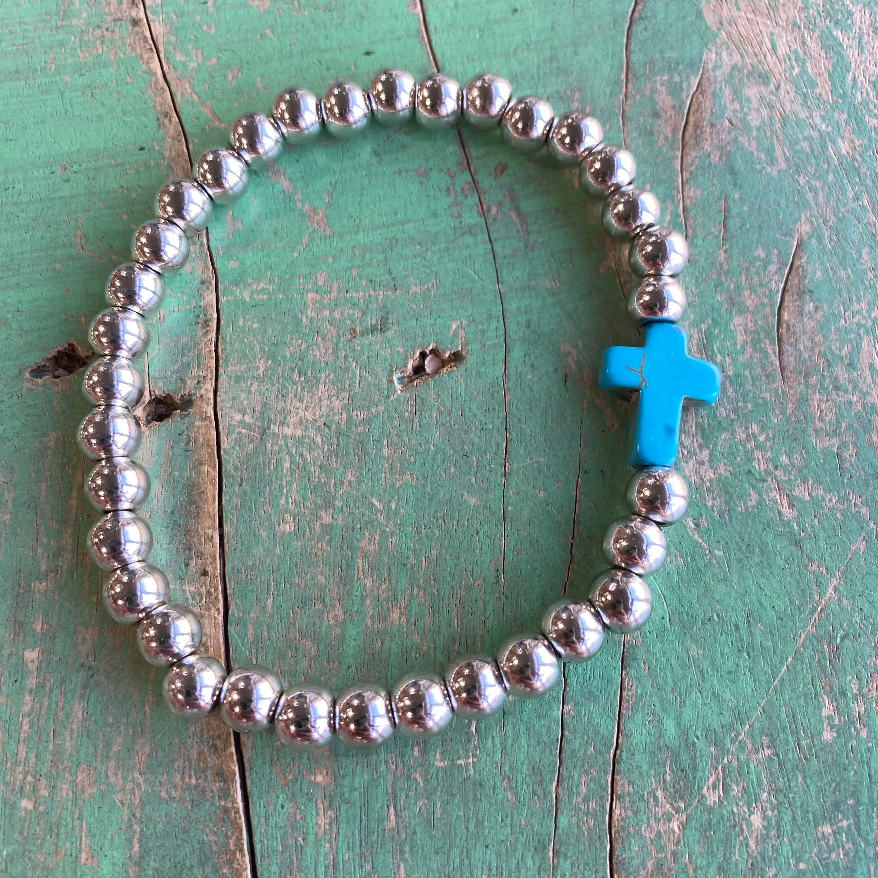 Stainless Steel Ball Bead Turquoise Cross Bracelet