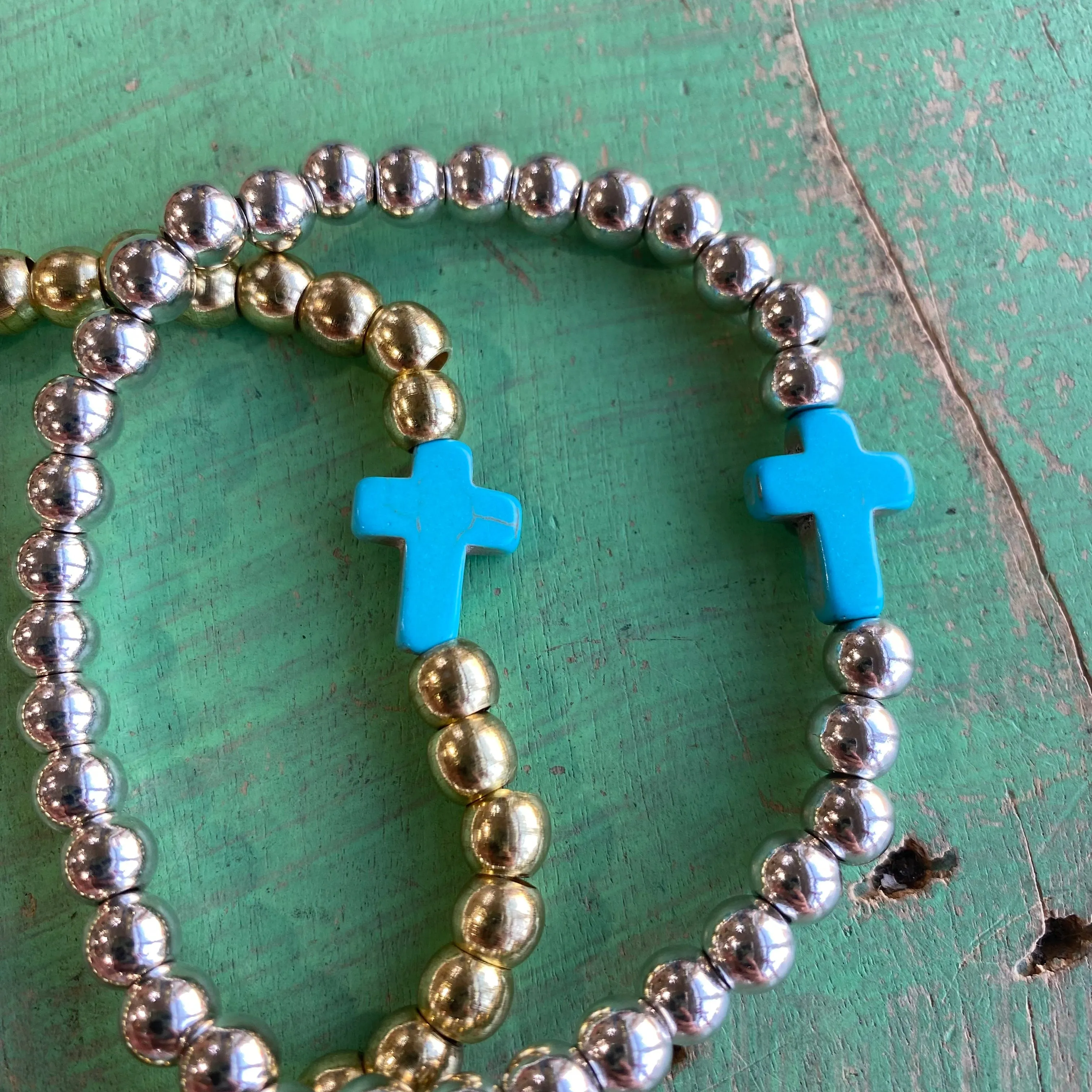 Stainless Steel Ball Bead Turquoise Cross Bracelet