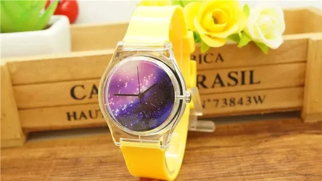 Unisex women men purple space plastic watch children night sky light and scrub watch student little star dial quartz watch