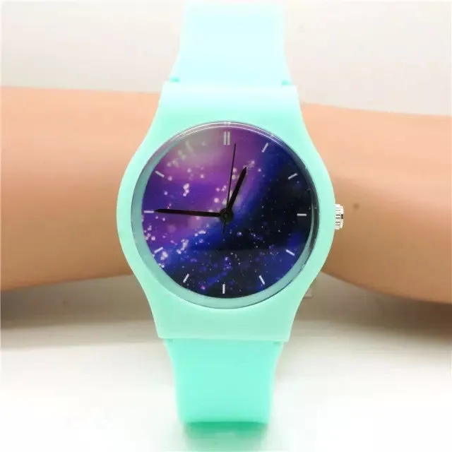 Unisex women men purple space plastic watch children night sky light and scrub watch student little star dial quartz watch