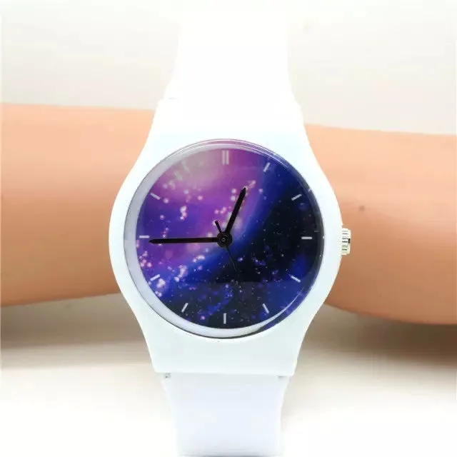 Unisex women men purple space plastic watch children night sky light and scrub watch student little star dial quartz watch