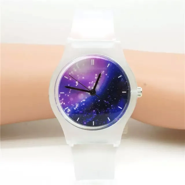 Unisex women men purple space plastic watch children night sky light and scrub watch student little star dial quartz watch