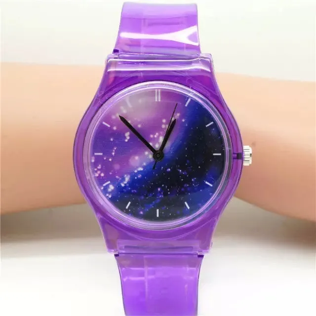 Unisex women men purple space plastic watch children night sky light and scrub watch student little star dial quartz watch