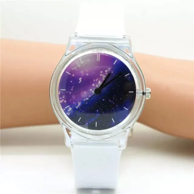 Unisex women men purple space plastic watch children night sky light and scrub watch student little star dial quartz watch