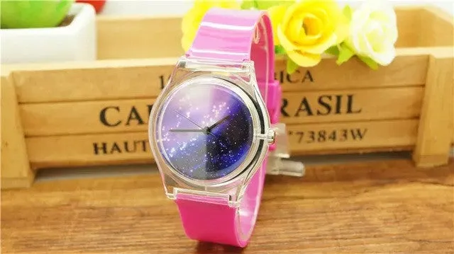 Unisex women men purple space plastic watch children night sky light and scrub watch student little star dial quartz watch