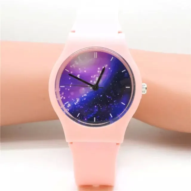 Unisex women men purple space plastic watch children night sky light and scrub watch student little star dial quartz watch