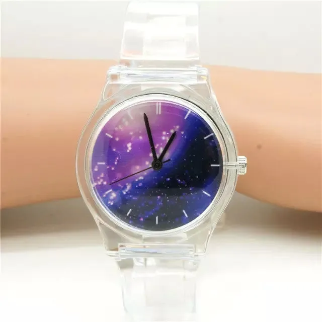 Unisex women men purple space plastic watch children night sky light and scrub watch student little star dial quartz watch