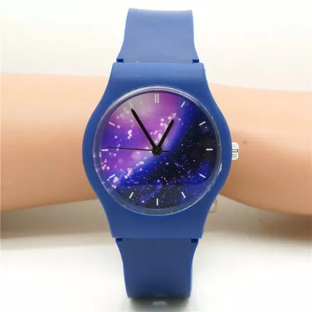 Unisex women men purple space plastic watch children night sky light and scrub watch student little star dial quartz watch