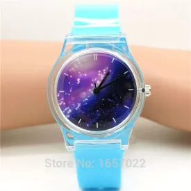 Unisex women men purple space plastic watch children night sky light and scrub watch student little star dial quartz watch