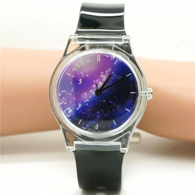 Unisex women men purple space plastic watch children night sky light and scrub watch student little star dial quartz watch