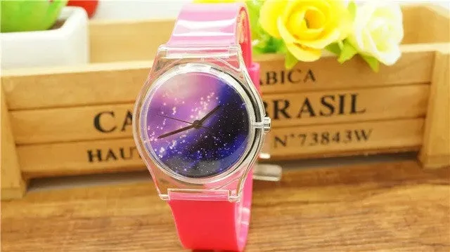 Unisex women men purple space plastic watch children night sky light and scrub watch student little star dial quartz watch