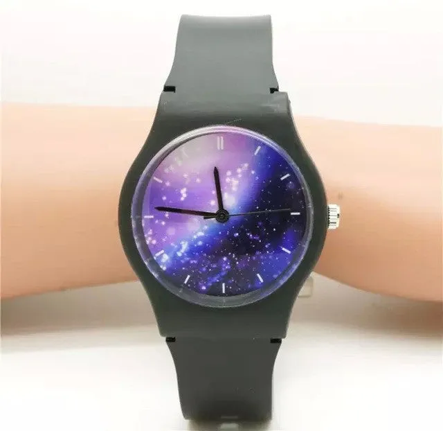 Unisex women men purple space plastic watch children night sky light and scrub watch student little star dial quartz watch