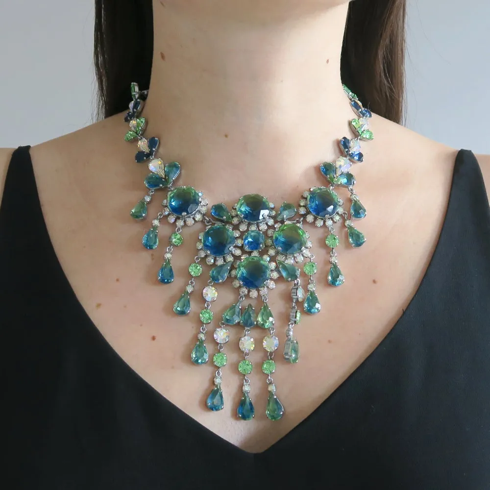 Vintage 1960s Francis Winter For Christian Dior Blue & Green Bi-colour Glass Necklace & Brooch Set