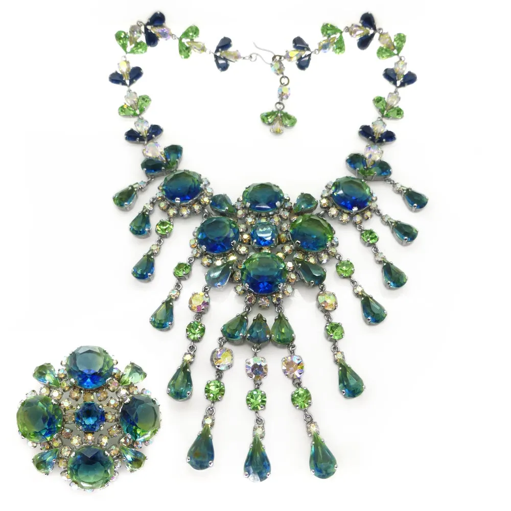 Vintage 1960s Francis Winter For Christian Dior Blue & Green Bi-colour Glass Necklace & Brooch Set