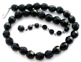 Vintage Black Glass Bead Necklace 15"