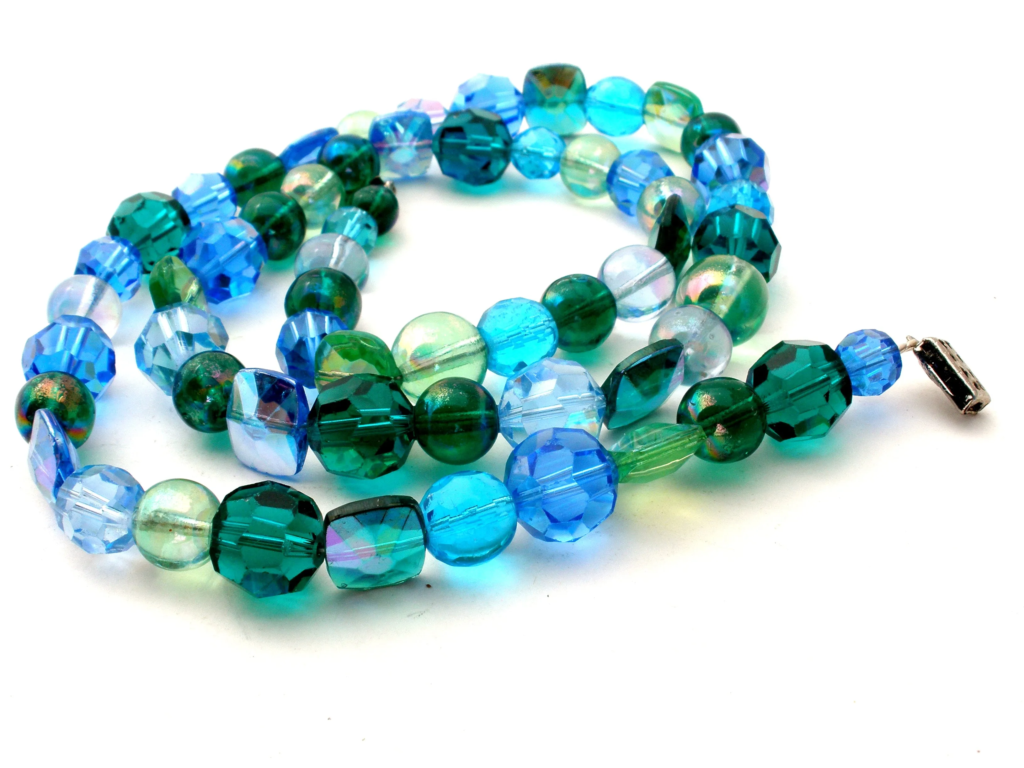 Vintage Blue & Green Glass Bead Necklace 25"